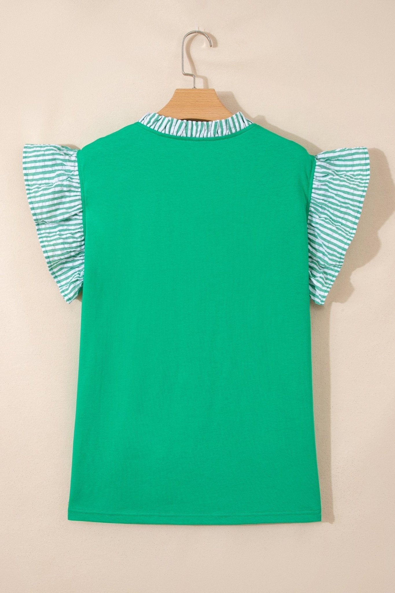 Plus Size Stripe Trim Ruffle Sleeve V-Neck Blouse - Rooted & Reckless Co.