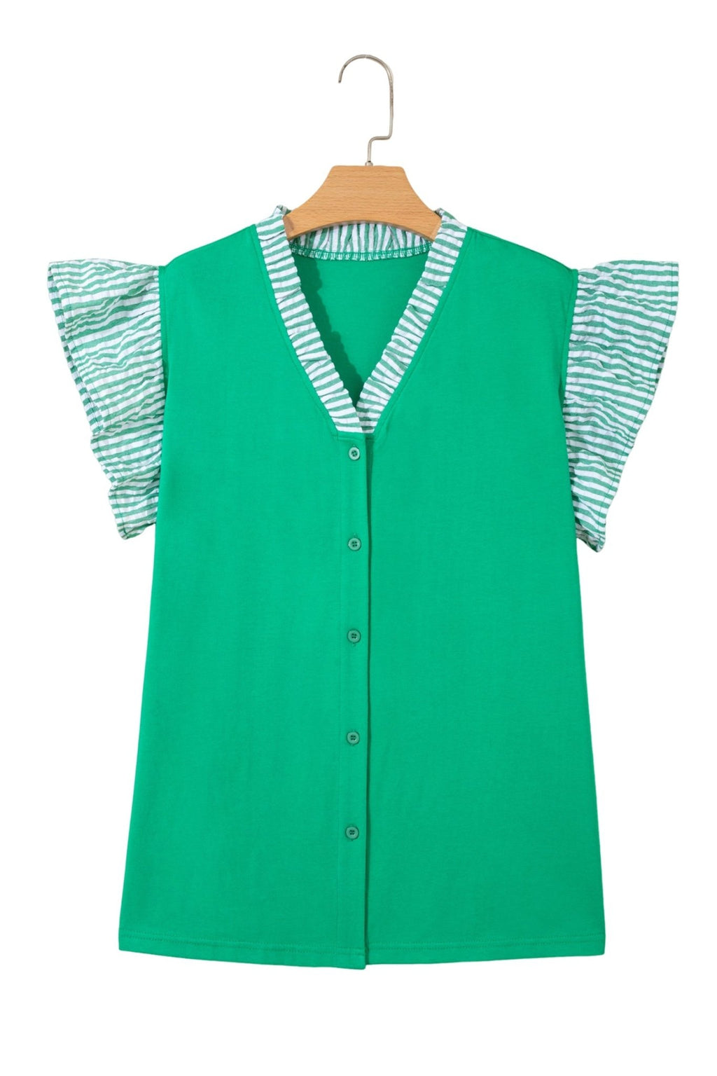 Plus Size Stripe Trim Ruffle Sleeve V-Neck Blouse - Rooted & Reckless Co.