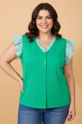 Plus Size Stripe Trim Ruffle Sleeve V-Neck Blouse - Rooted & Reckless Co.