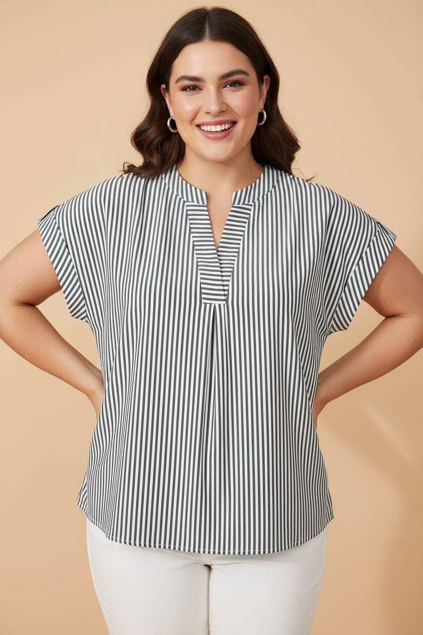 Plus Size Stripe V-Neck Dolman Sleeve Blouse - Rooted & Reckless Co.