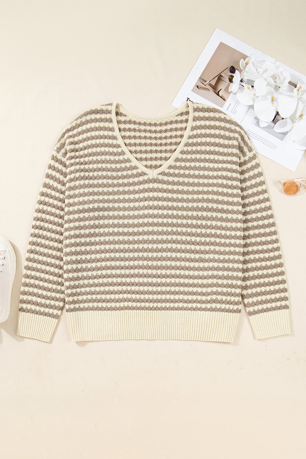 Plus Size Stripe V-Neck Drop Shoulder Sweater - Rooted & Reckless Co.