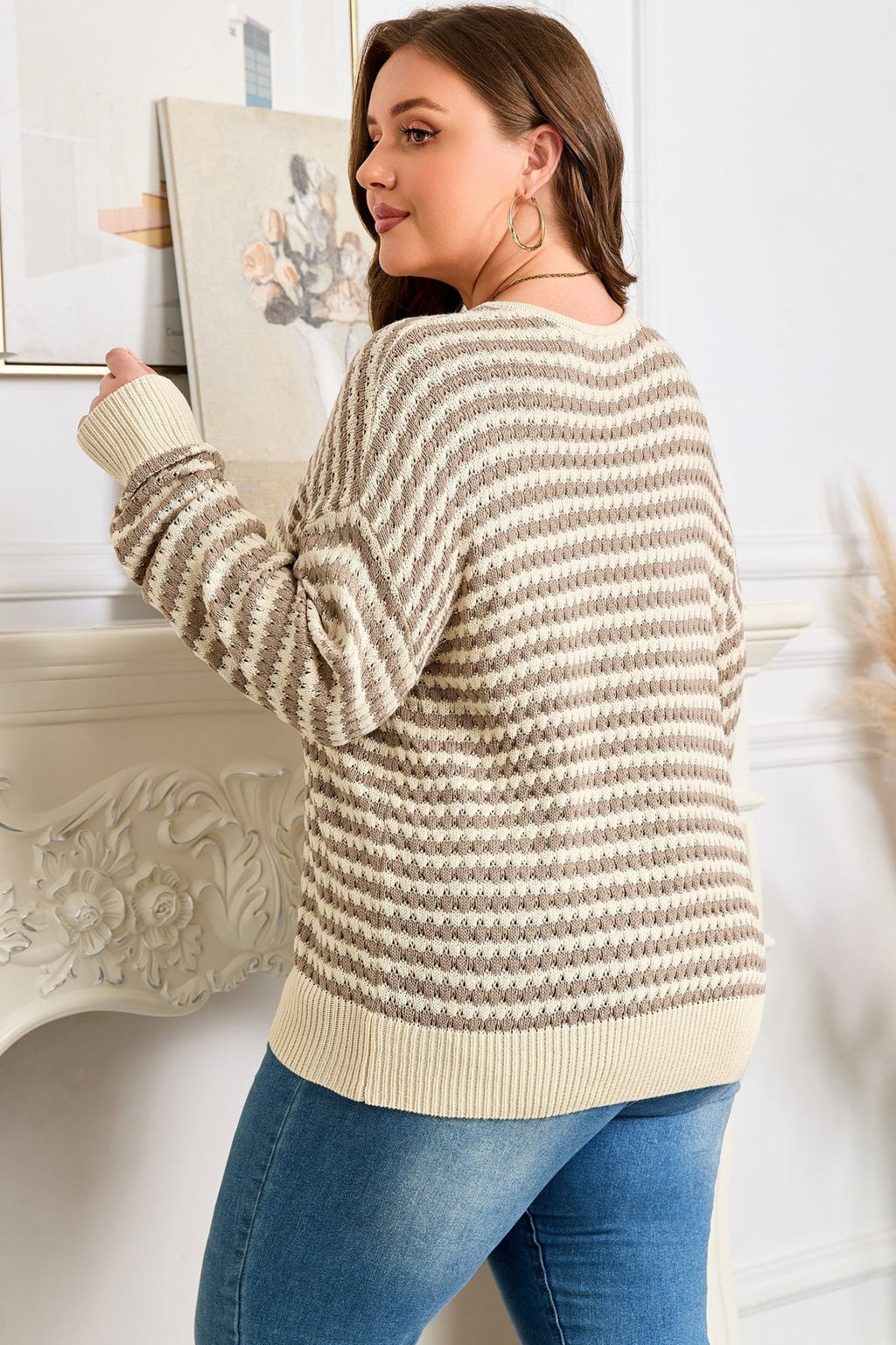 Plus Size Stripe V-Neck Drop Shoulder Sweater - Rooted & Reckless Co.
