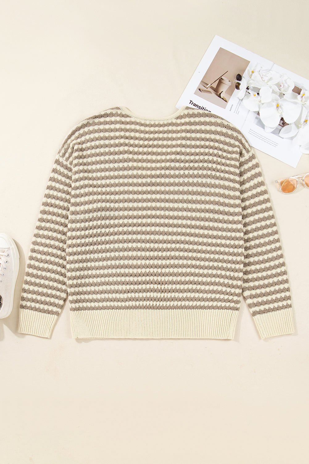 Plus Size Stripe V-Neck Drop Shoulder Sweater - Rooted & Reckless Co.