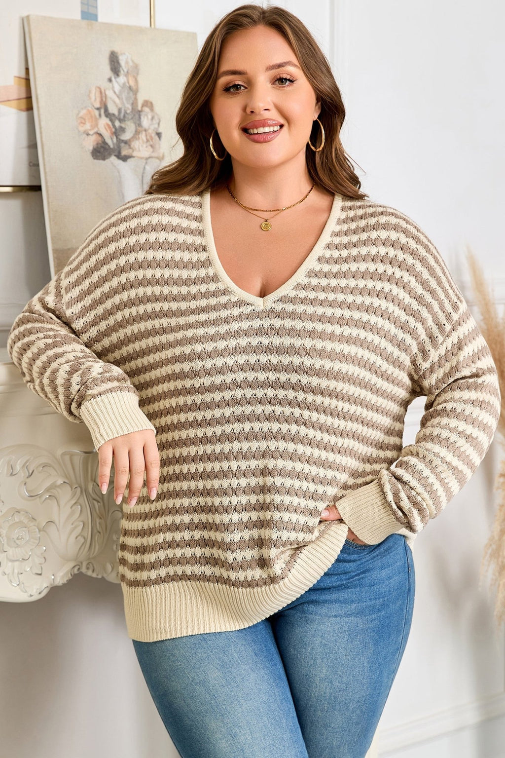 Plus Size Stripe V-Neck Drop Shoulder Sweater - Rooted & Reckless Co.