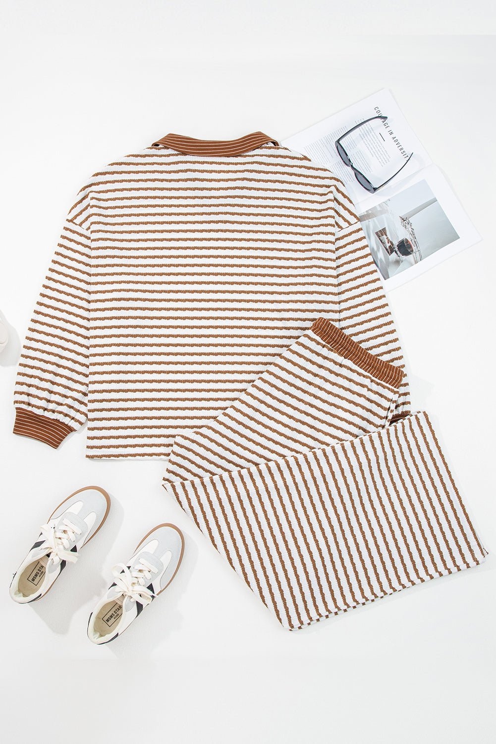 Plus Size Stripe V-Neck Pullover and Drawstring Pants Set - Rooted & Reckless Co.
