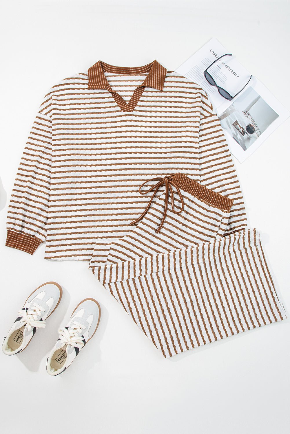 Plus Size Stripe V-Neck Pullover and Drawstring Pants Set - Rooted & Reckless Co.