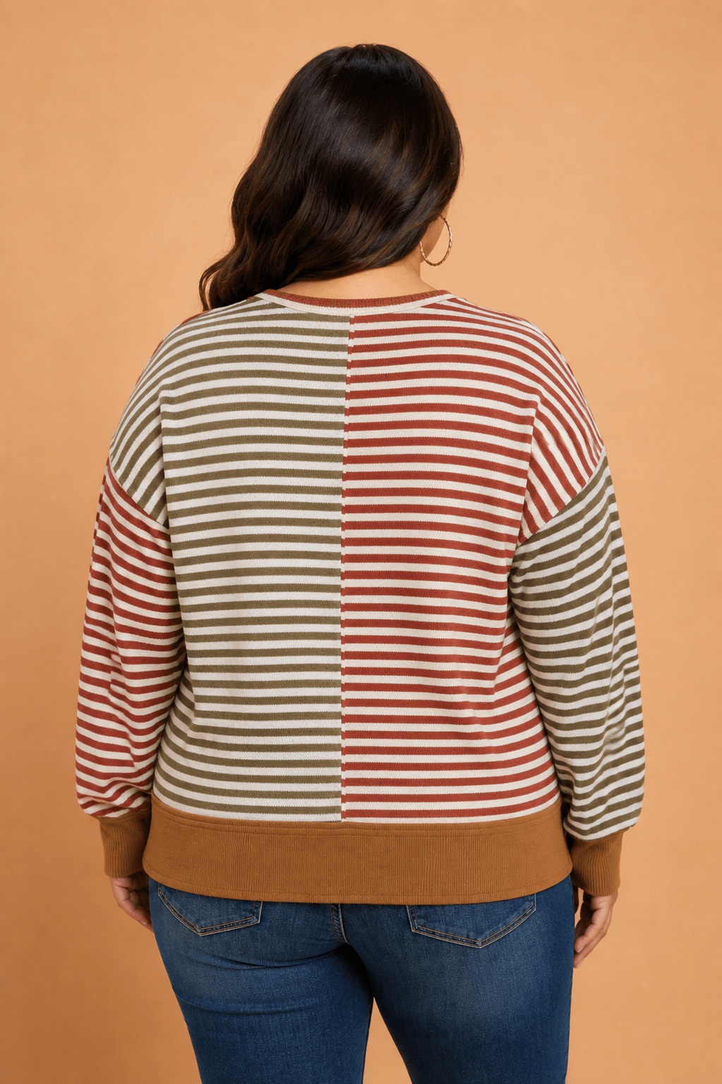 Plus Size Stripe V-Neck Reverse Seam Long Sleeve Blouse - Rooted & Reckless Co.