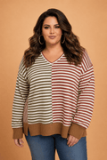 Plus Size Stripe V-Neck Reverse Seam Long Sleeve Blouse - Rooted & Reckless Co.