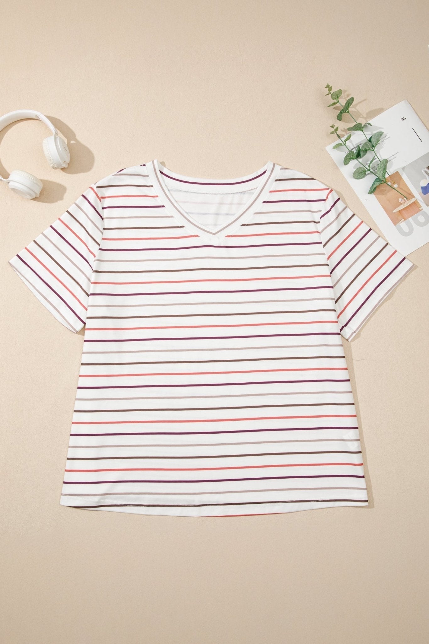 Plus Size Stripe V-Neck Short Sleeve Tee - Rooted & Reckless Co.