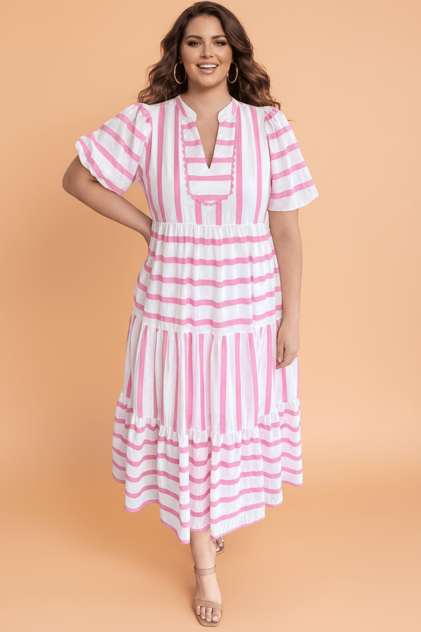 Plus Size Stripe V-Neck Tiered Maxi Dress - Rooted & Reckless Co.