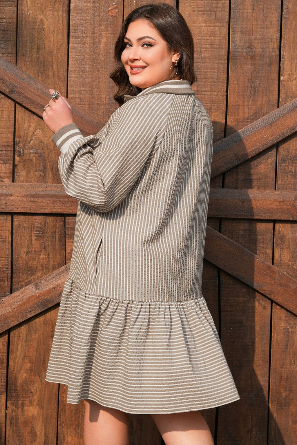 Plus Size Stripe Zip-Up Collared Mini Dress - Rooted & Reckless Co.
