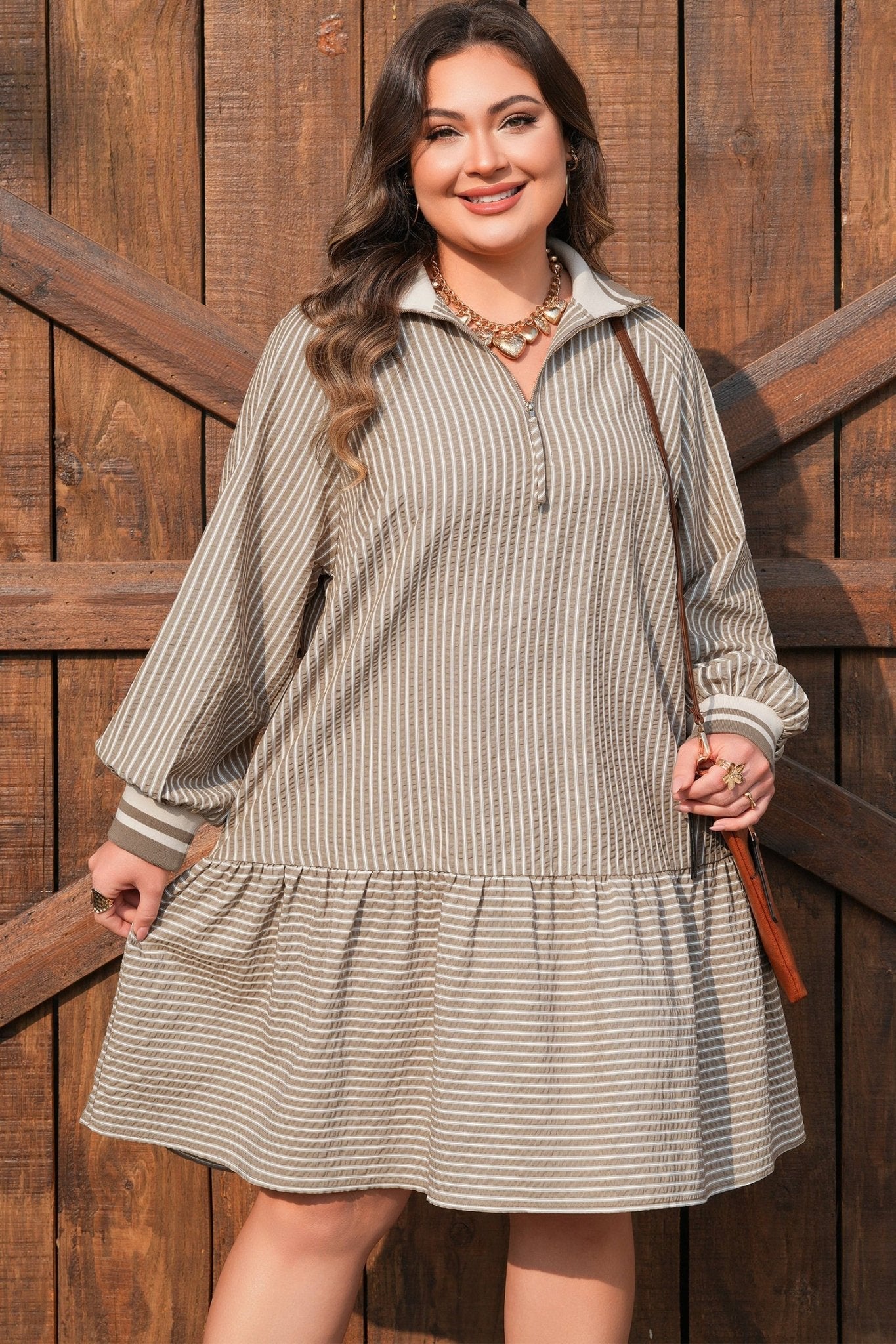 Plus Size Stripe Zip-Up Collared Mini Dress - Rooted & Reckless Co.