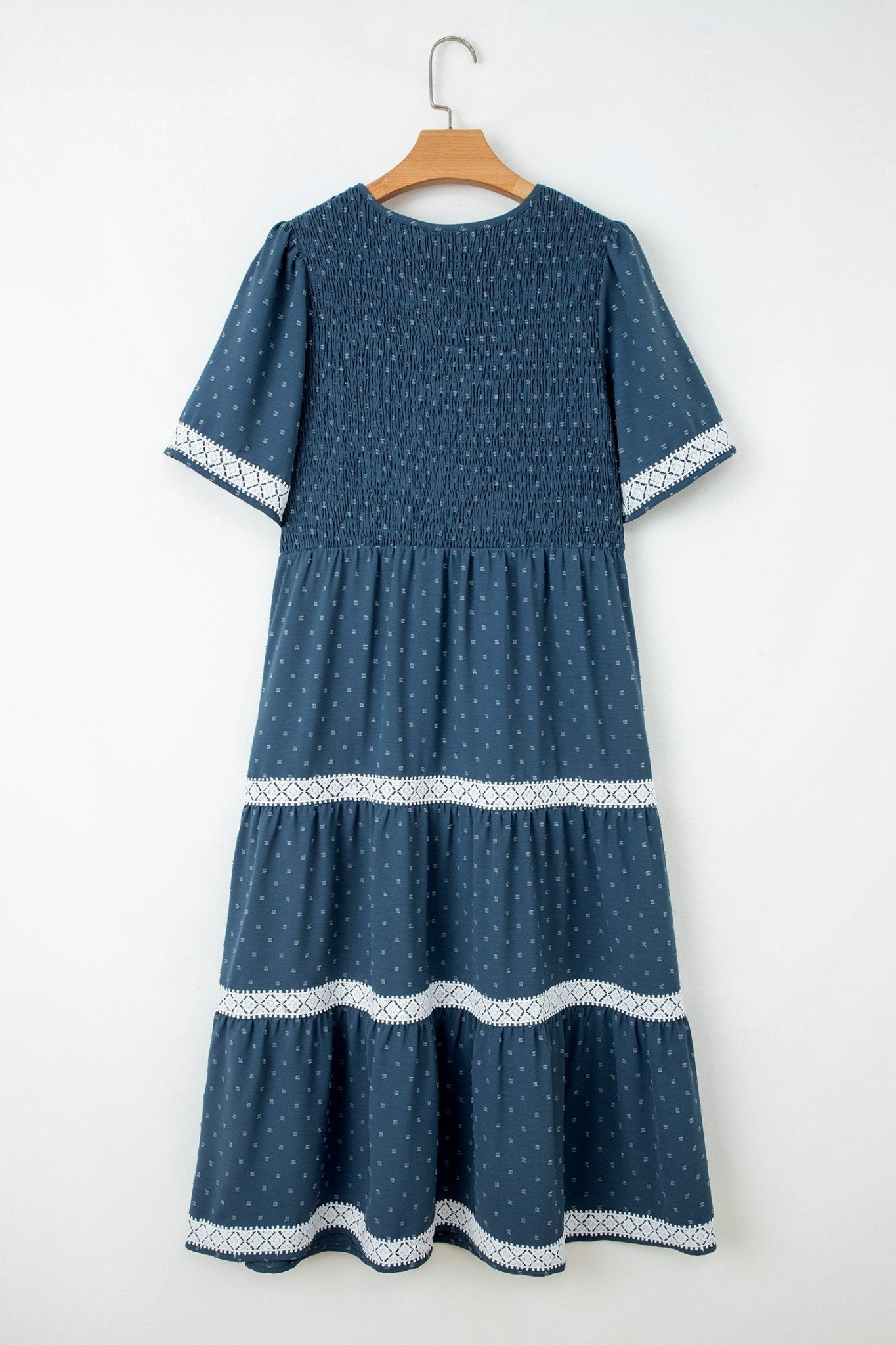 Plus Size Swiss Dot Lace Trim Flared Midi Dress - Rooted & Reckless Co.