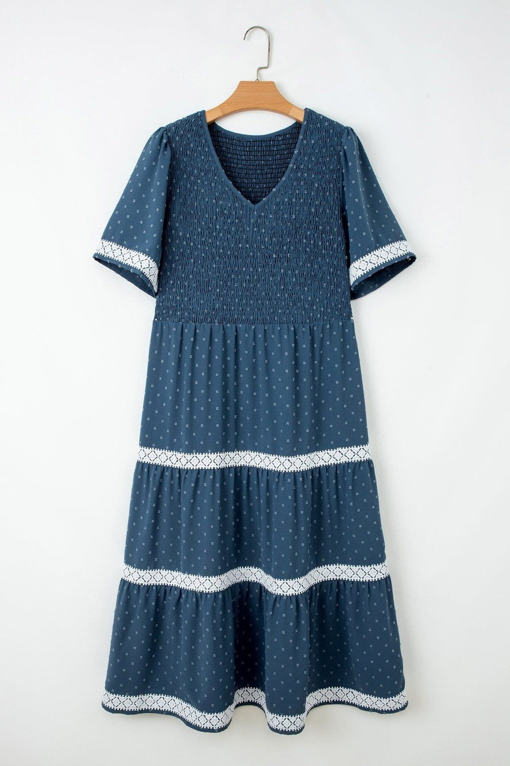 Plus Size Swiss Dot Lace Trim Flared Midi Dress - Rooted & Reckless Co.