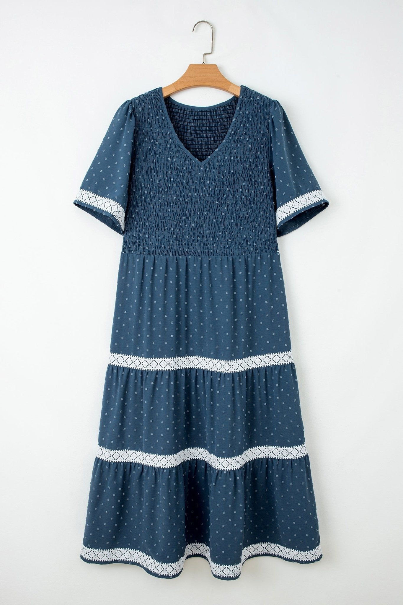 Plus Size Swiss Dot Lace Trim Flared Midi Dress - Rooted & Reckless Co.