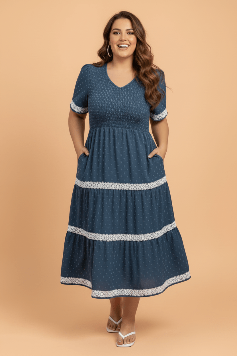 Plus Size Swiss Dot Lace Trim Flared Midi Dress - Rooted & Reckless Co.