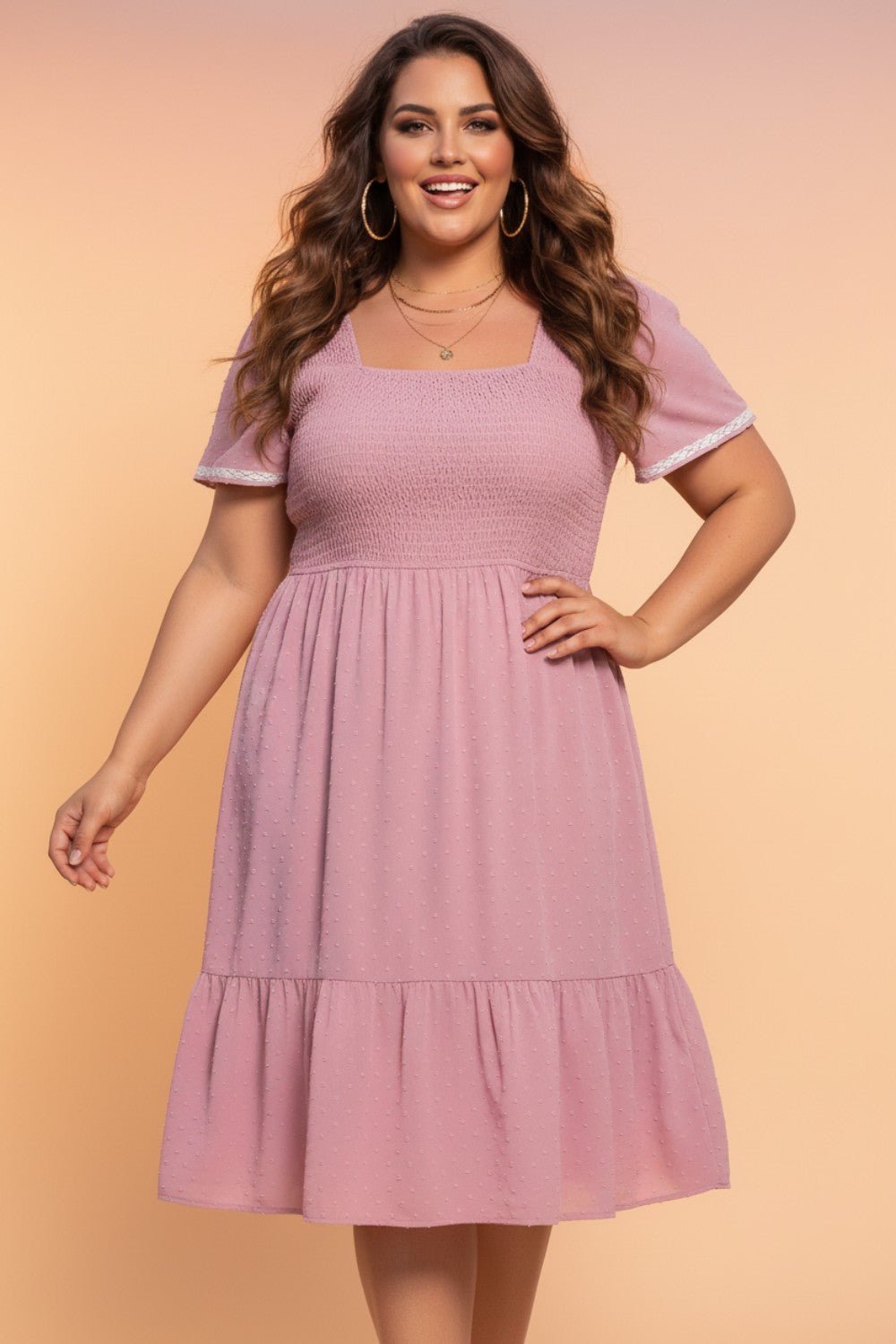 Plus Size Swiss Dot Smocked Flowy Midi Dress - Rooted & Reckless Co.