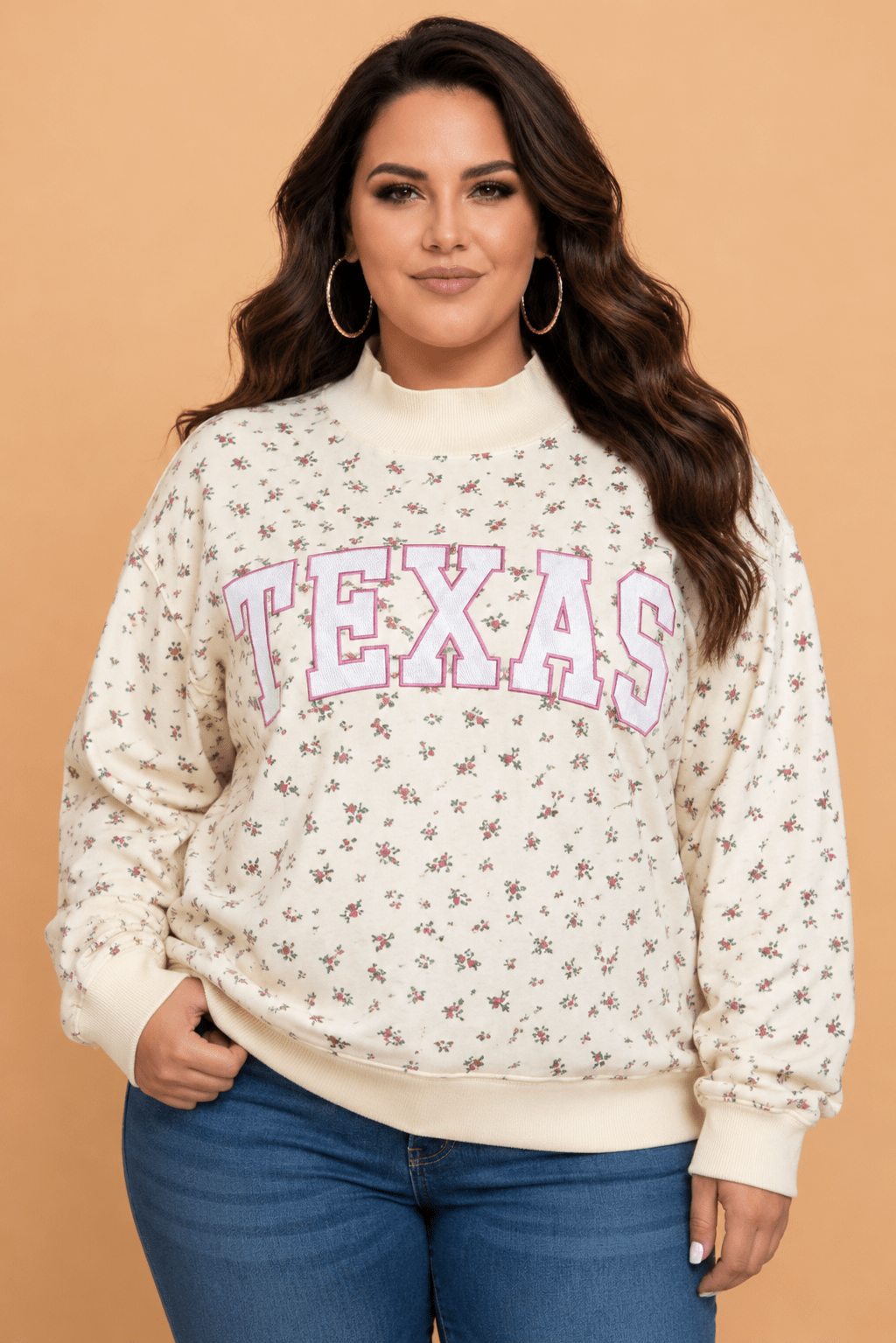 Plus Size TEXAS Embroidered Floral Mock Neck Sweatshirt - Rooted & Reckless Co.