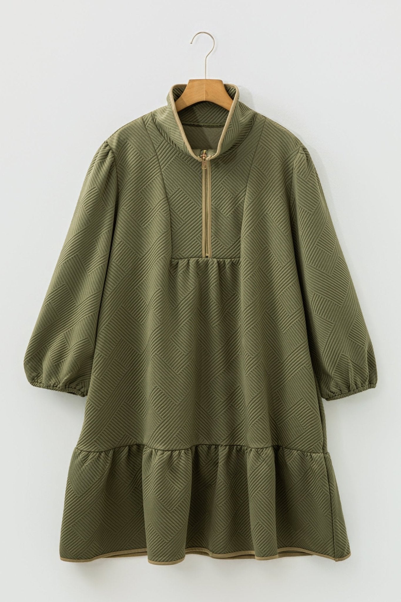 Plus Size Textured Contrast Trim Half Zip Dress - Rooted & Reckless Co.