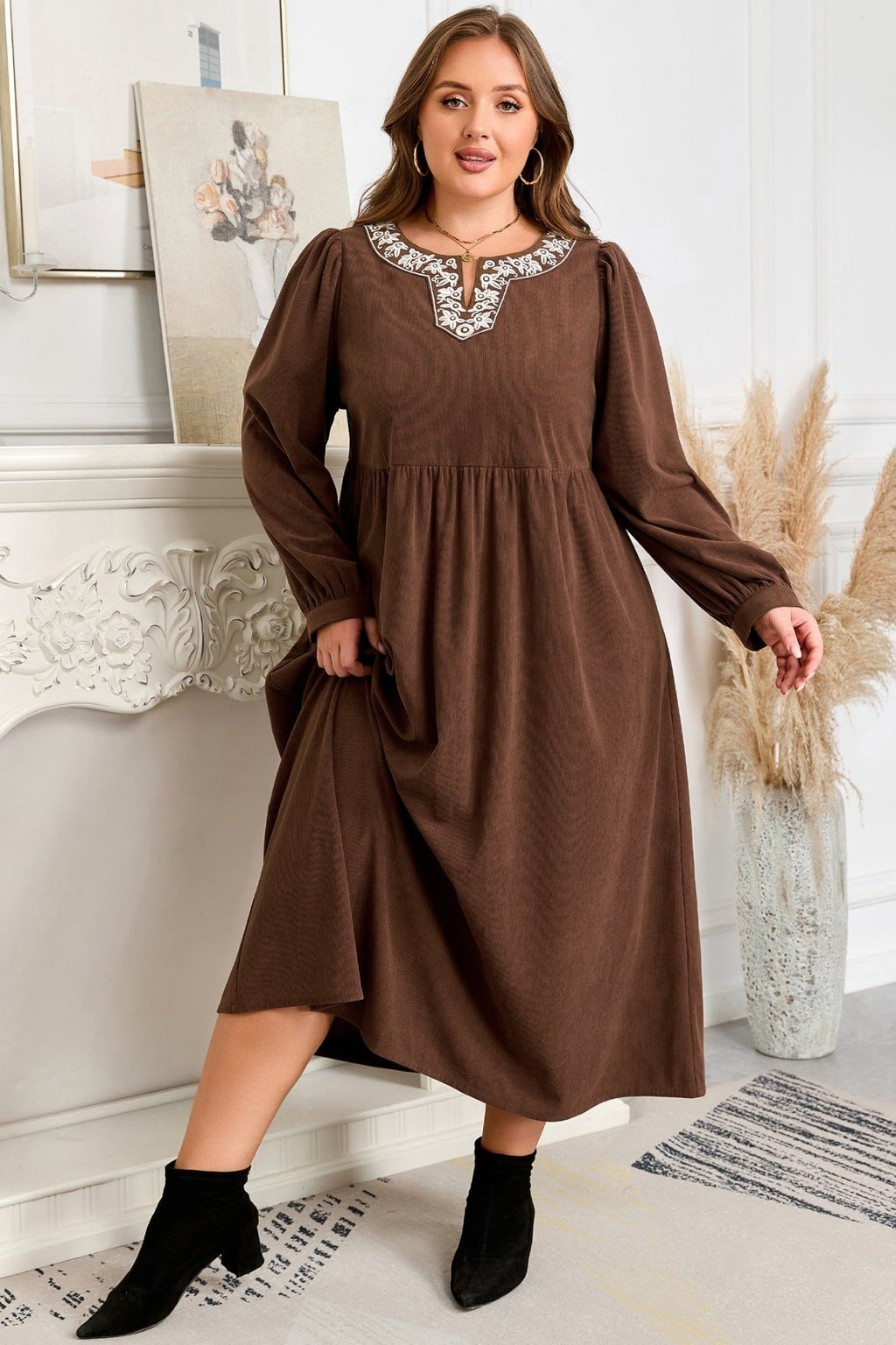 Plus Size Textured Corduroy Embroidered Neckline Midi Dress - Rooted & Reckless Co.
