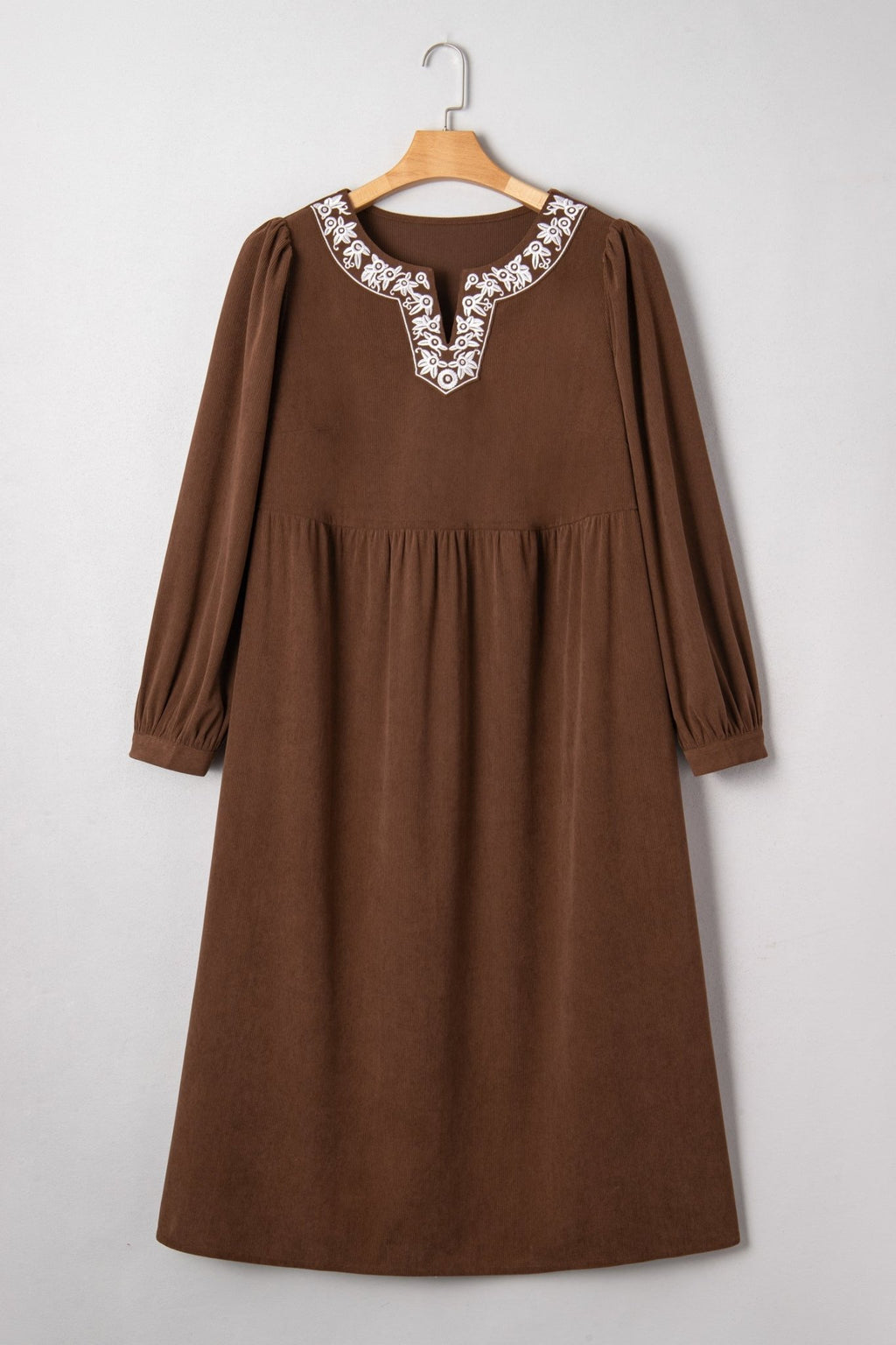 Plus Size Textured Corduroy Embroidered Neckline Midi Dress - Rooted & Reckless Co.