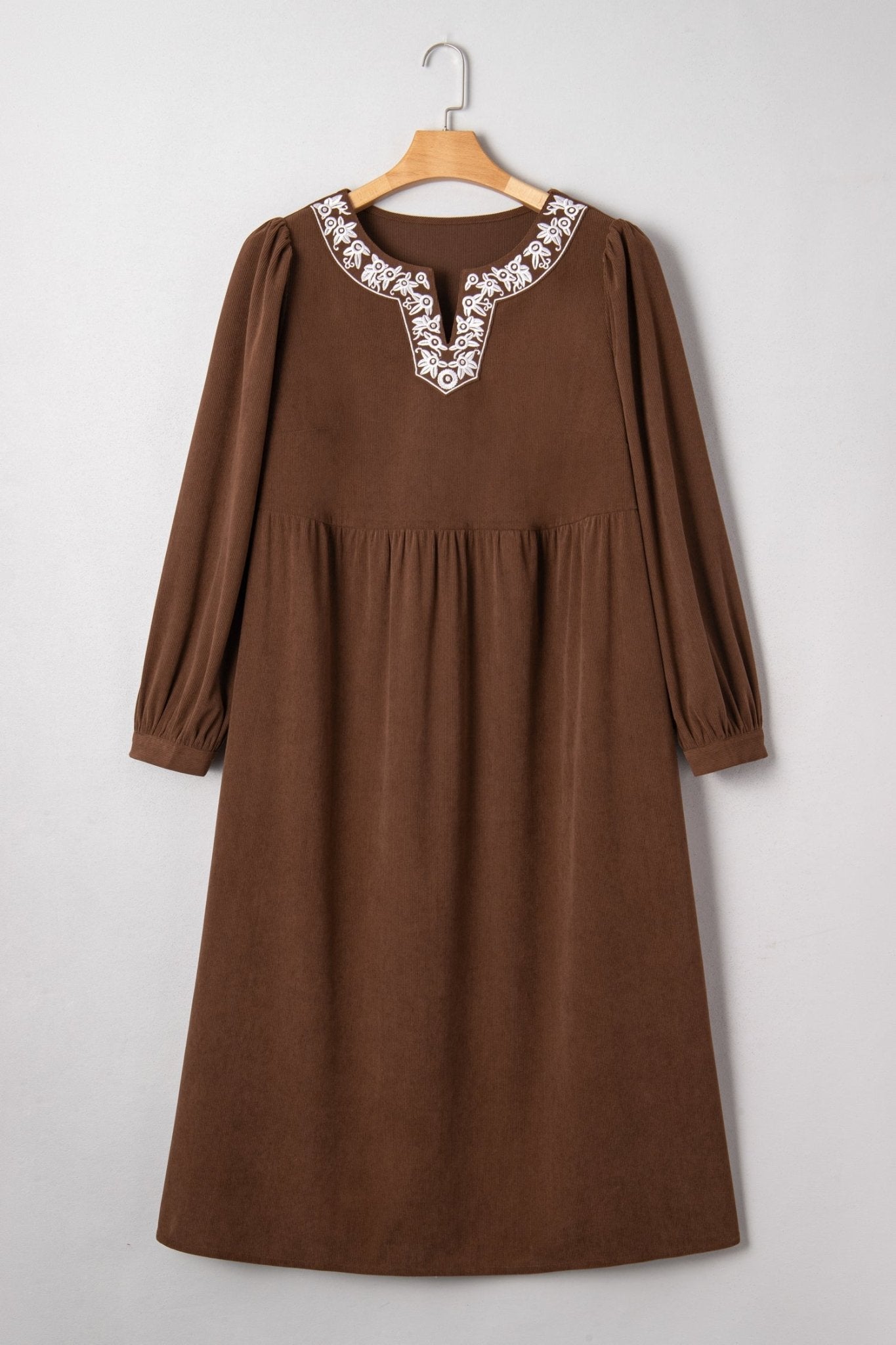 Plus Size Textured Corduroy Embroidered Neckline Midi Dress - Rooted & Reckless Co.