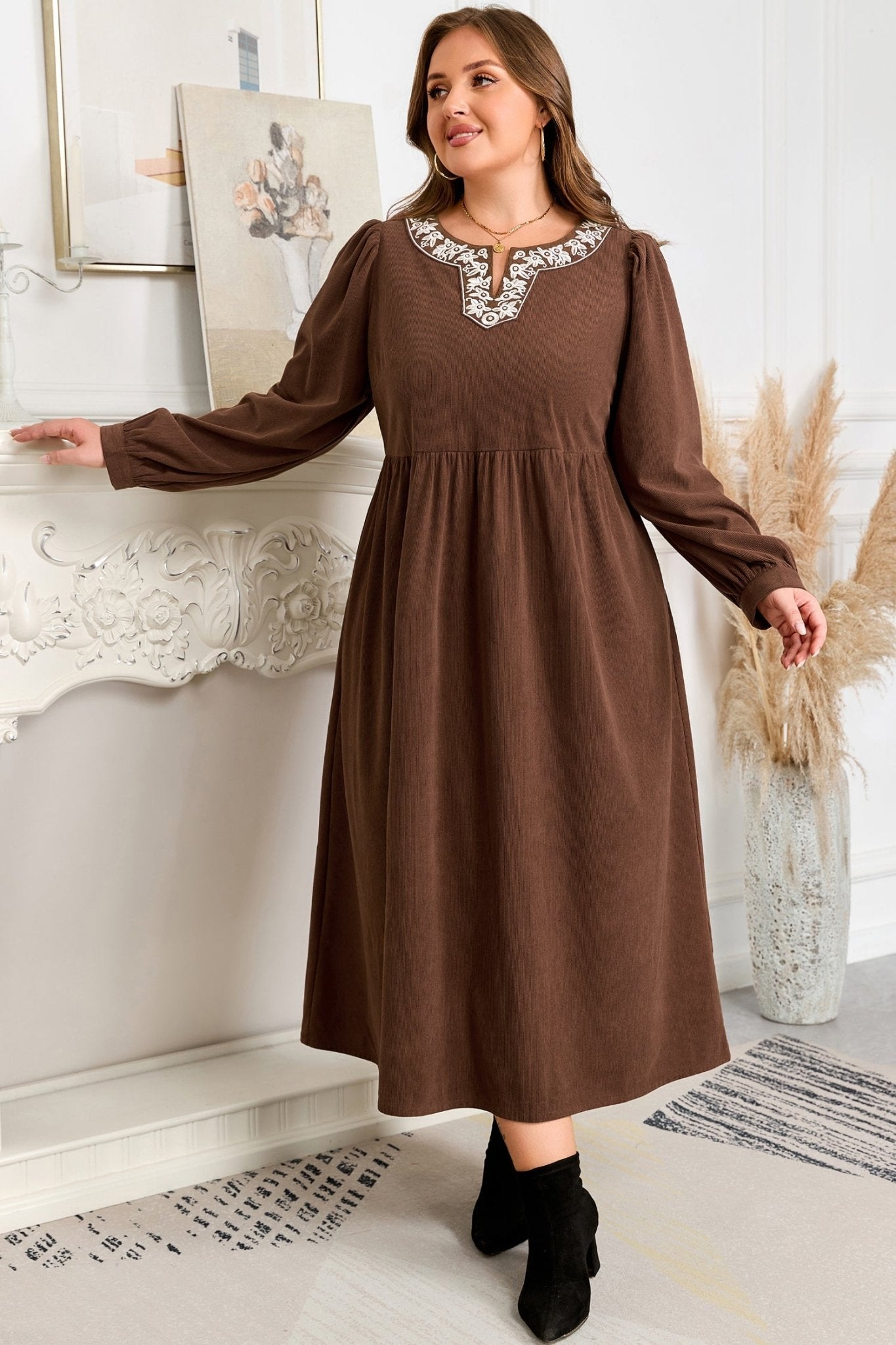 Plus Size Textured Corduroy Embroidered Neckline Midi Dress - Rooted & Reckless Co.