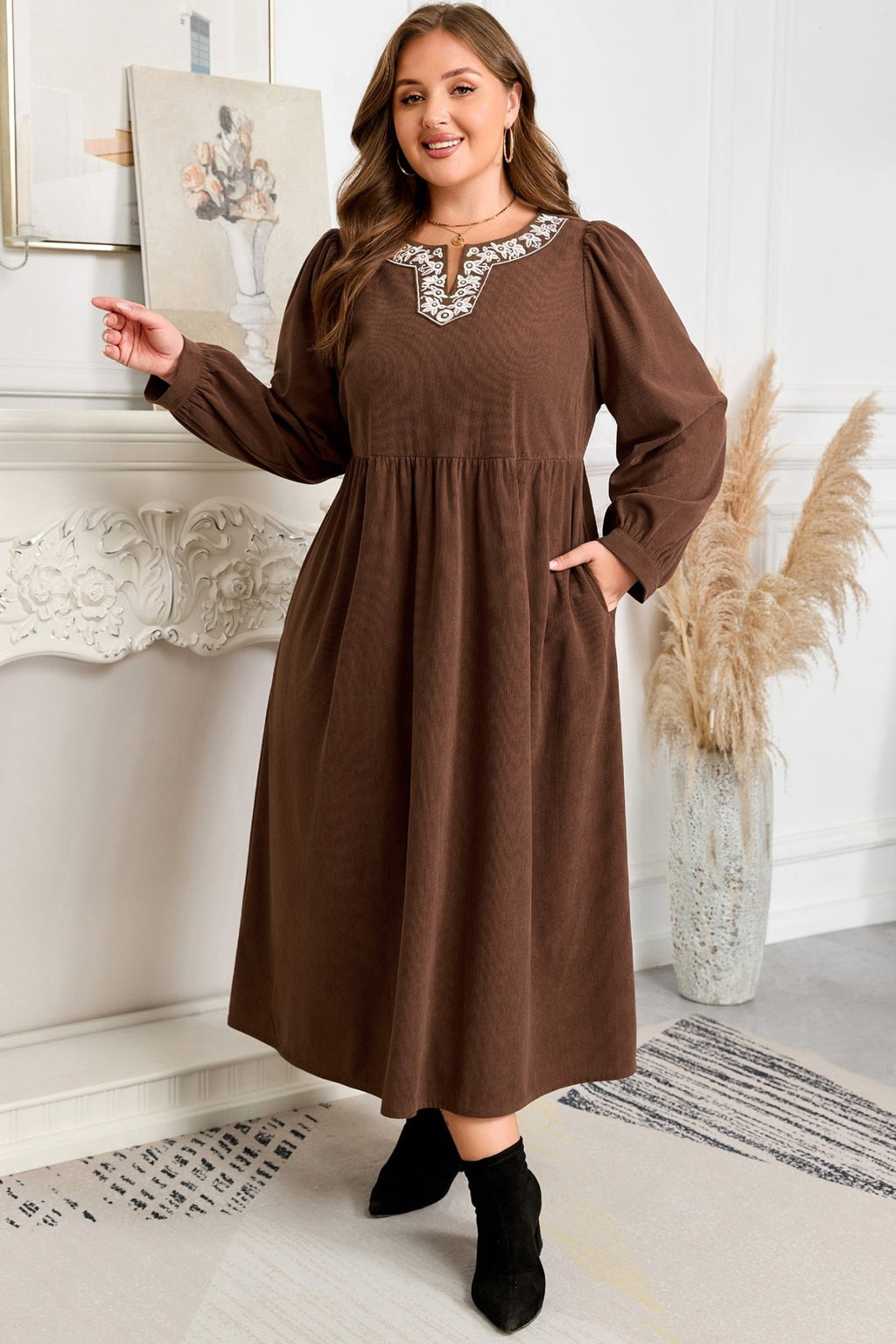 Plus Size Textured Corduroy Embroidered Neckline Midi Dress - Rooted & Reckless Co.