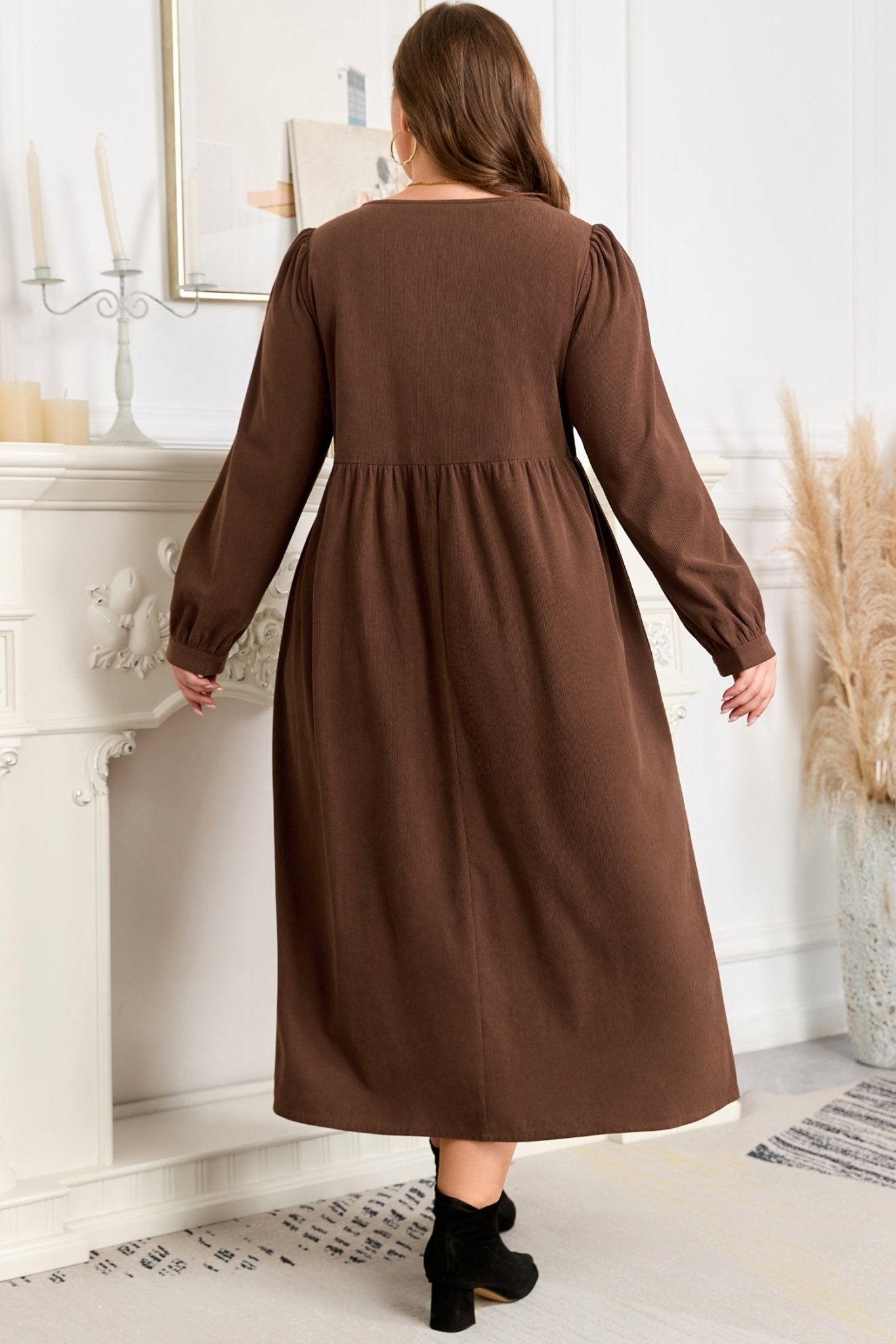 Plus Size Textured Corduroy Embroidered Neckline Midi Dress - Rooted & Reckless Co.