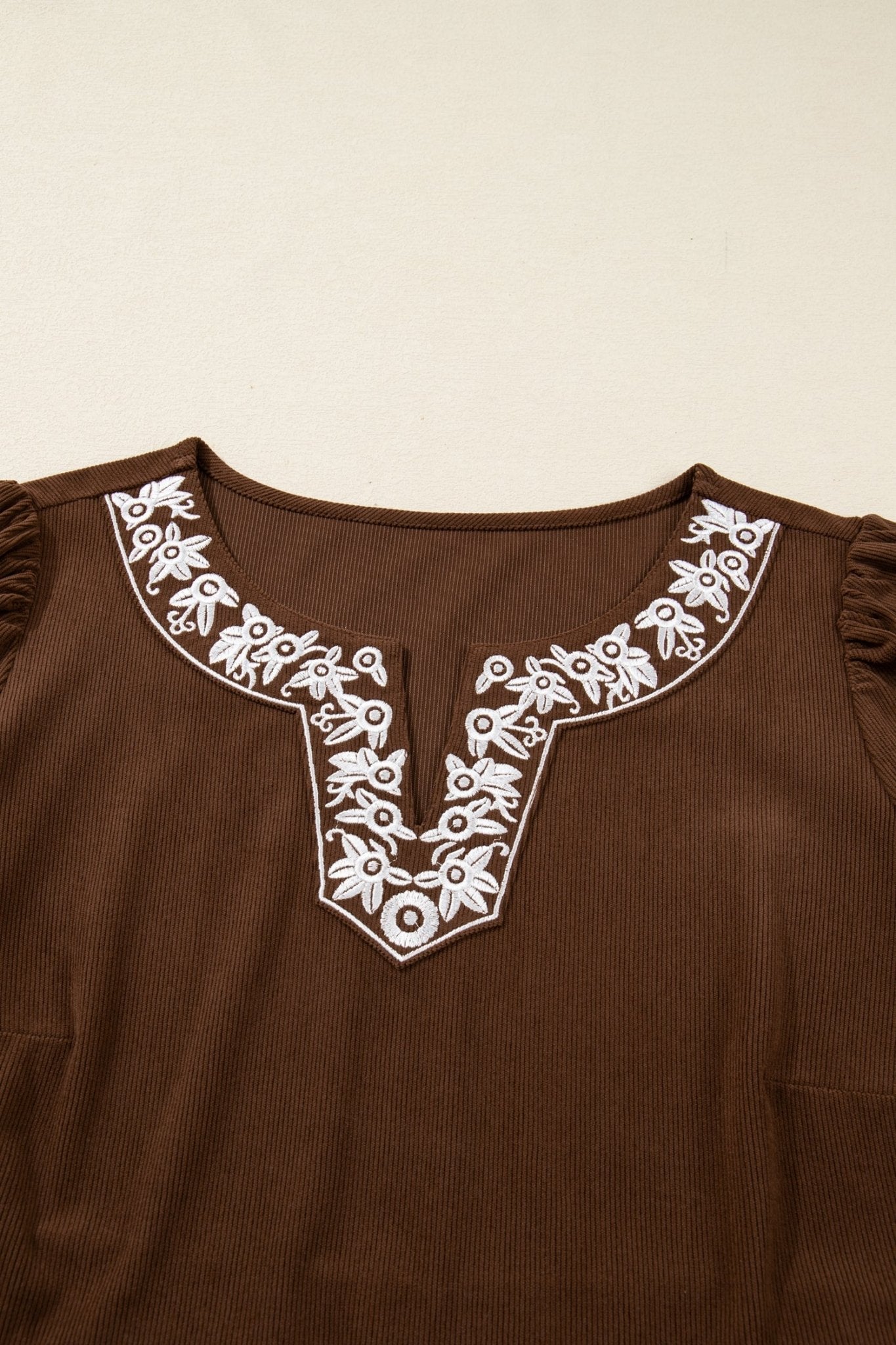 Plus Size Textured Corduroy Embroidered Neckline Midi Dress - Rooted & Reckless Co.