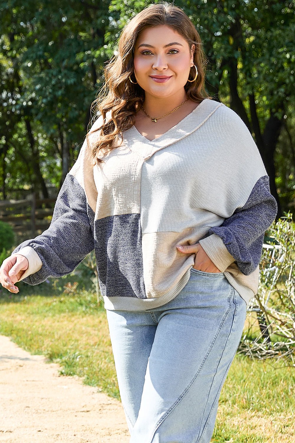 Plus Size Textured Patchwork Long Sleeve V-Neck Top - Rooted & Reckless Co.