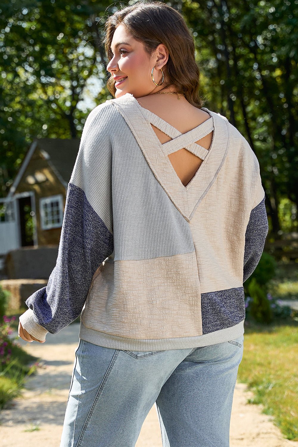Plus Size Textured Patchwork Long Sleeve V-Neck Top - Rooted & Reckless Co.