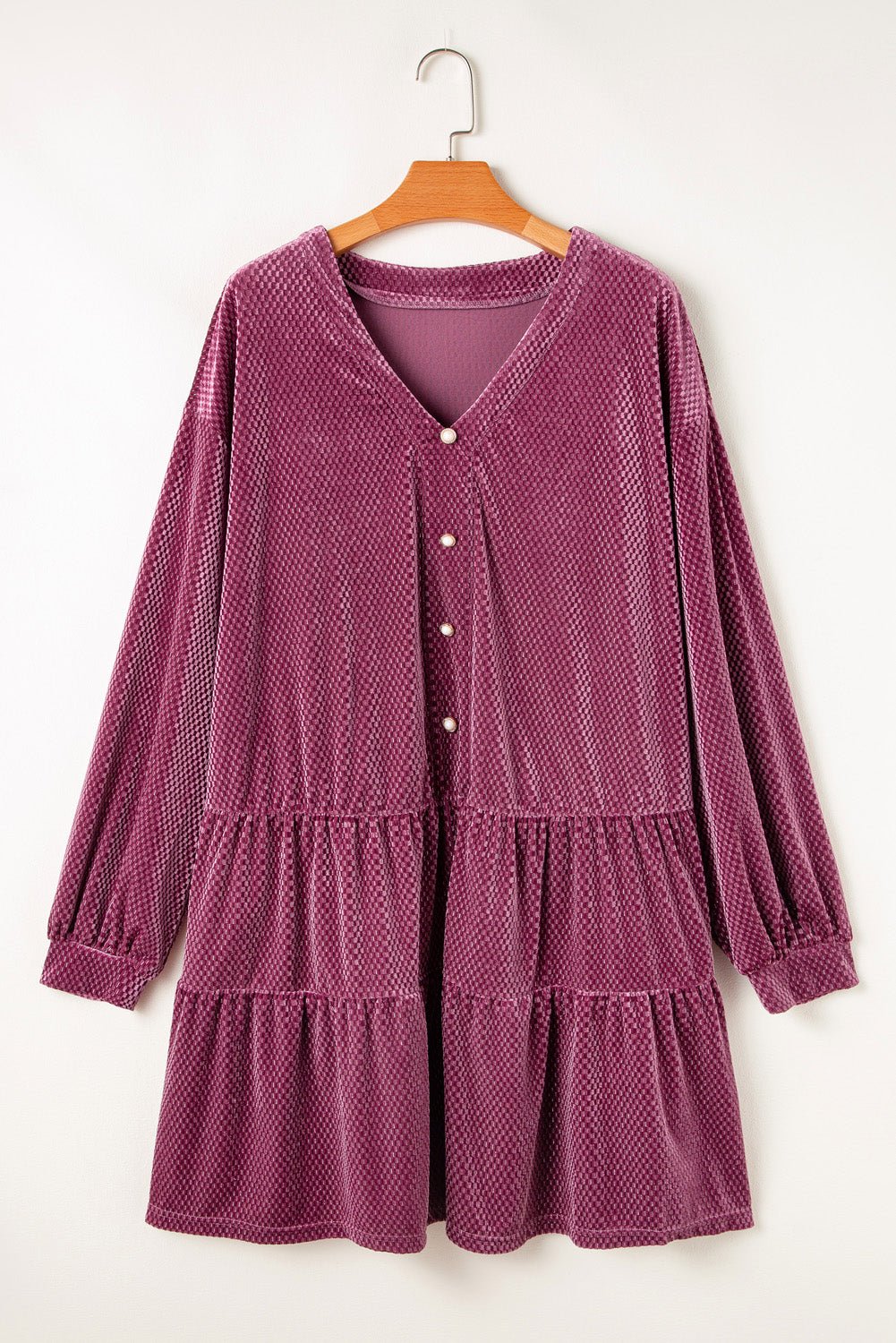 Plus Size Textured Velvet Buttoned Tiered Dress - Rooted & Reckless Co.