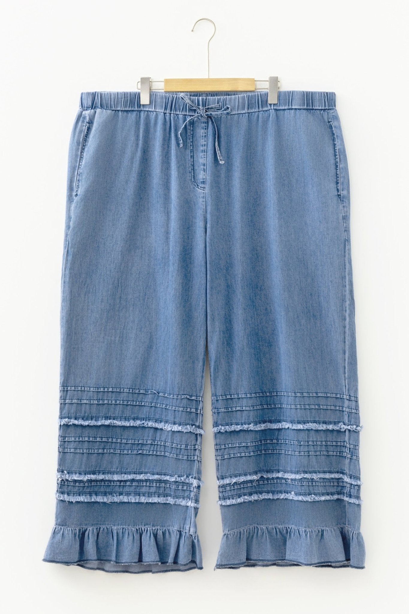Plus Size Tiered Raw Edge Ruffle Denim Pants - Rooted & Reckless Co.
