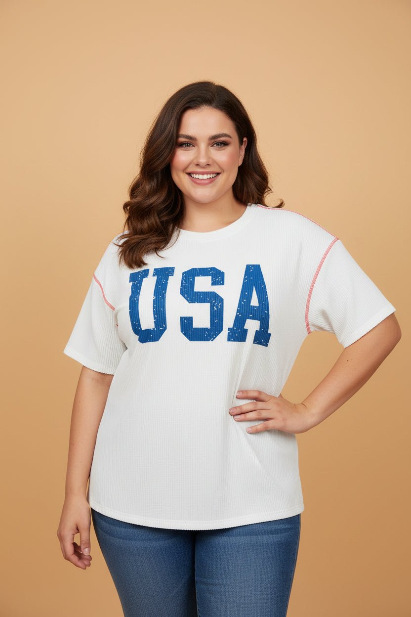 Plus Size USA Corded Knit Graphic T-Shirt - Rooted & Reckless Co.