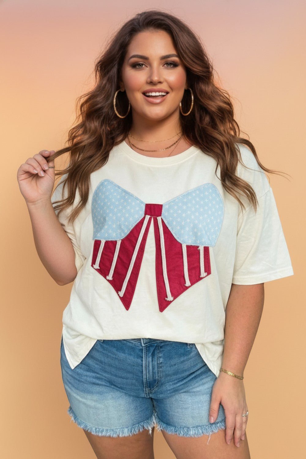 Plus Size USA Flag Bow Patch T-Shirt - Rooted & Reckless Co.