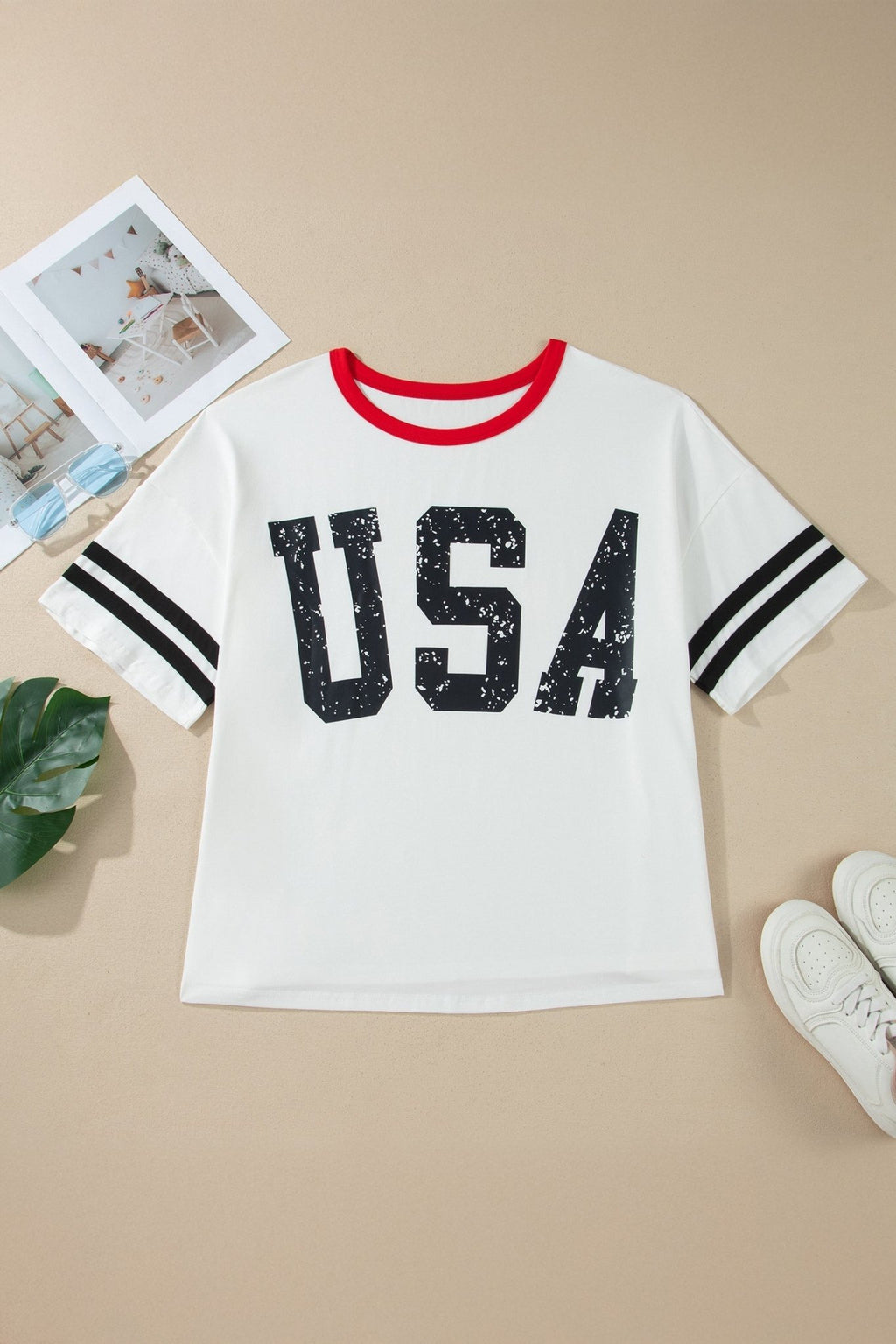 Plus Size USA Varsity Stripe Trim Short Sleeve Tee - Rooted & Reckless Co.