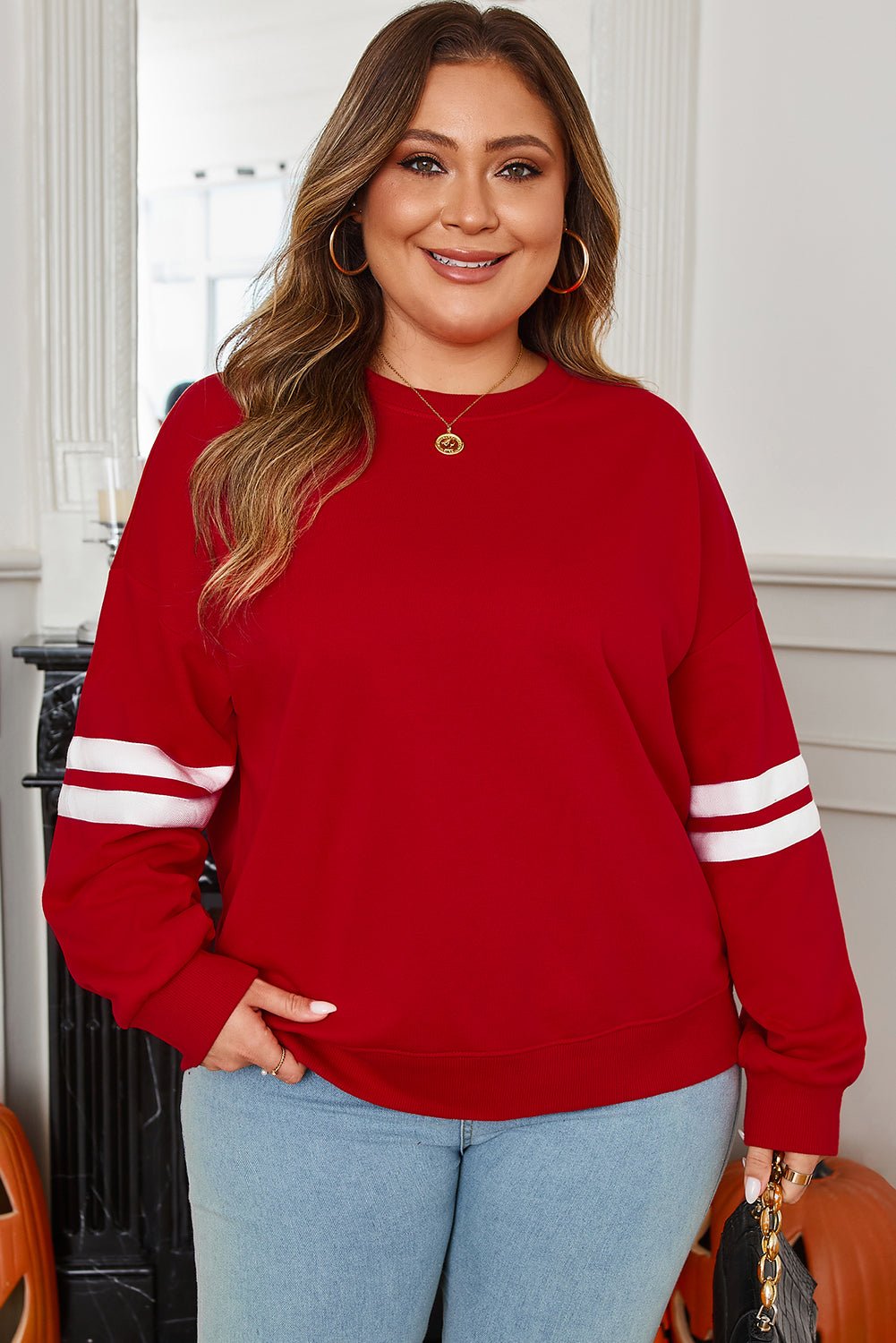 Plus Size Varsity Stripe Crew Neck Sweatshirt - Rooted & Reckless Co.