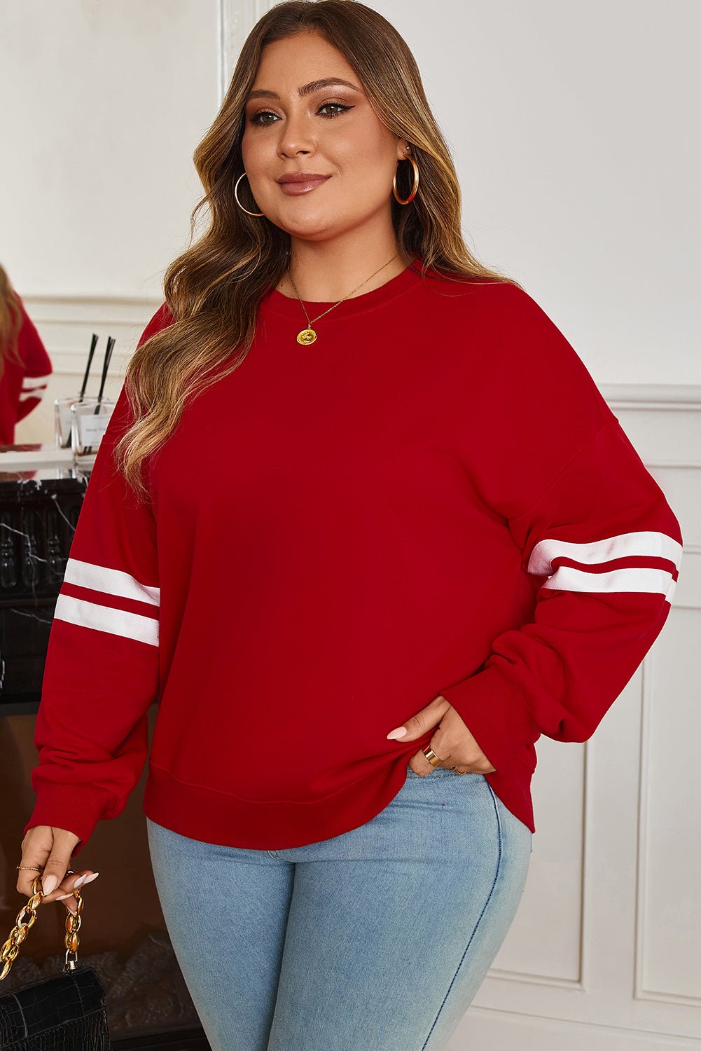Plus Size Varsity Stripe Crew Neck Sweatshirt - Rooted & Reckless Co.