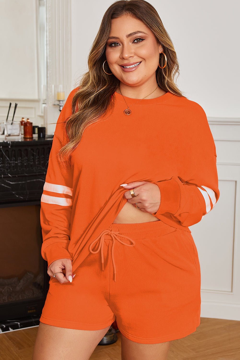 Plus Size Varsity Stripe Pullover and Shorts Set - Rooted & Reckless Co.