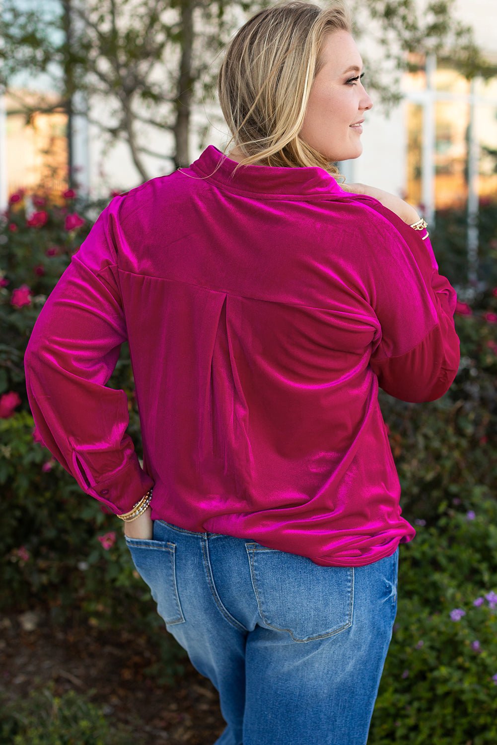 Plus Size Velvet Button-Up Pocketed Drop Shoulder Shirt - Rooted & Reckless Co.