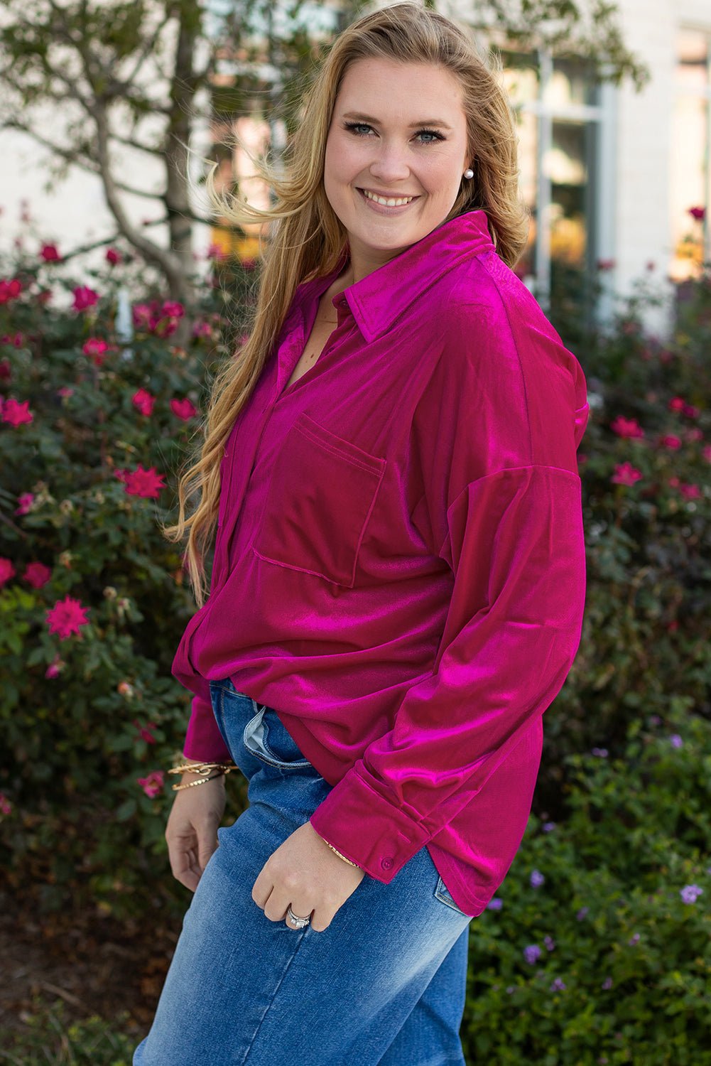 Plus Size Velvet Button-Up Pocketed Drop Shoulder Shirt - Rooted & Reckless Co.
