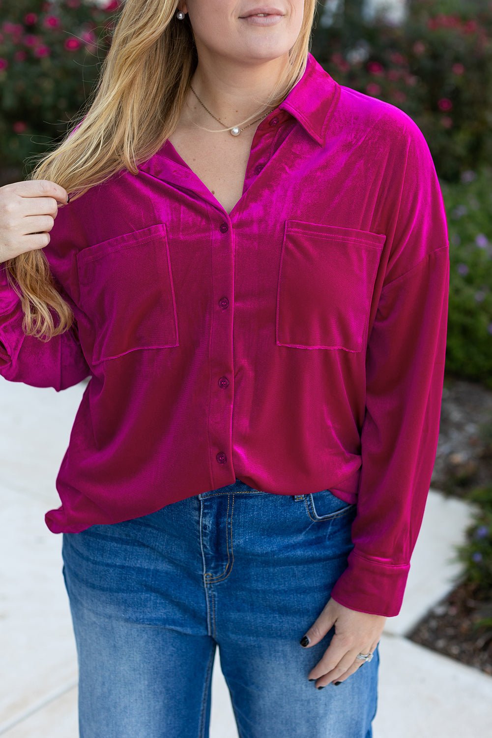 Plus Size Velvet Button-Up Pocketed Drop Shoulder Shirt - Rooted & Reckless Co.