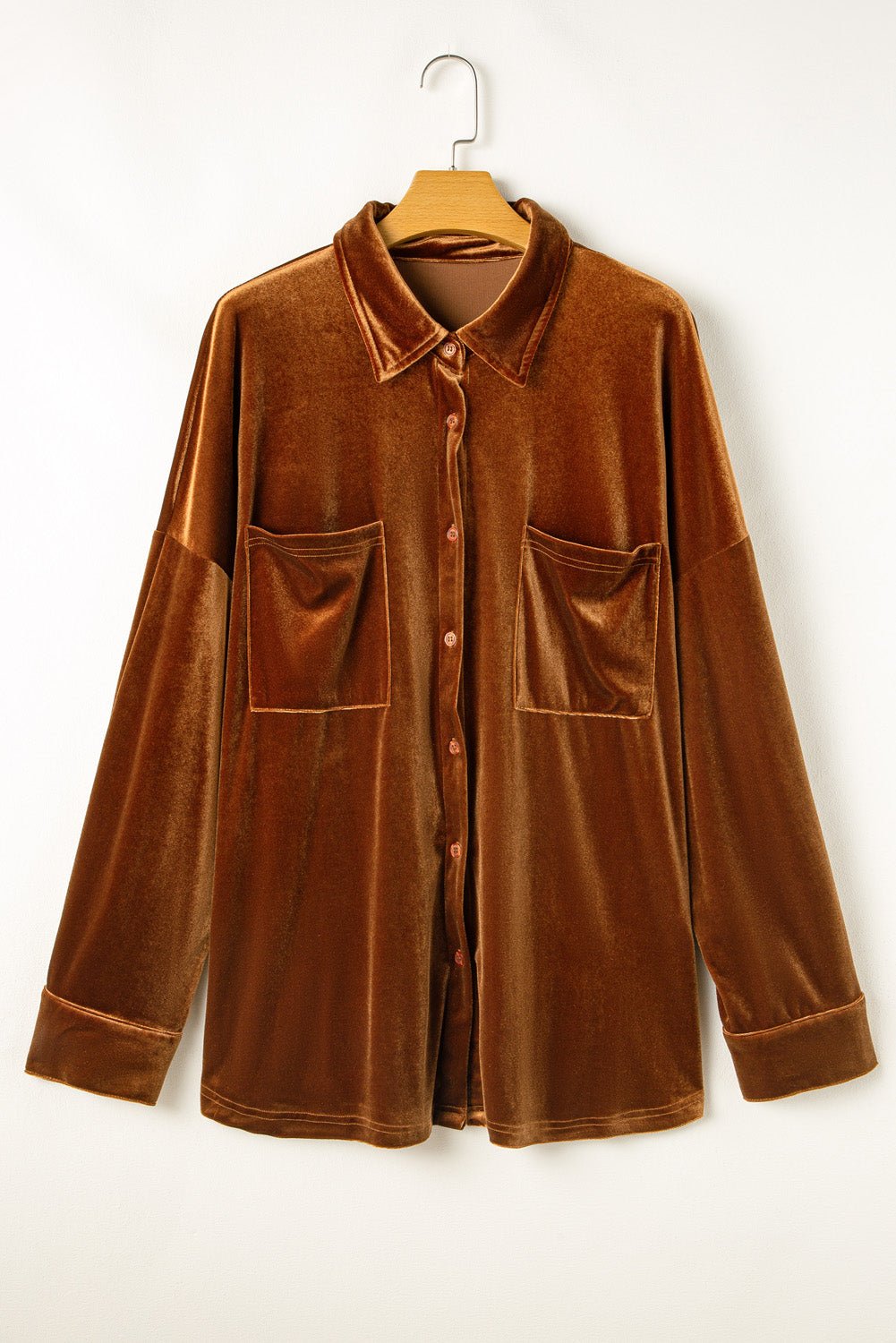 Plus Size Velvet Button-Up Pocketed Drop Shoulder Shirt - Rooted & Reckless Co.