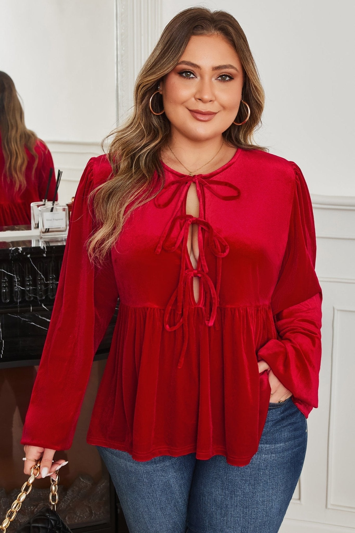 Plus Size Velvet Tie Front Peplum Blouse - Rooted & Reckless Co.