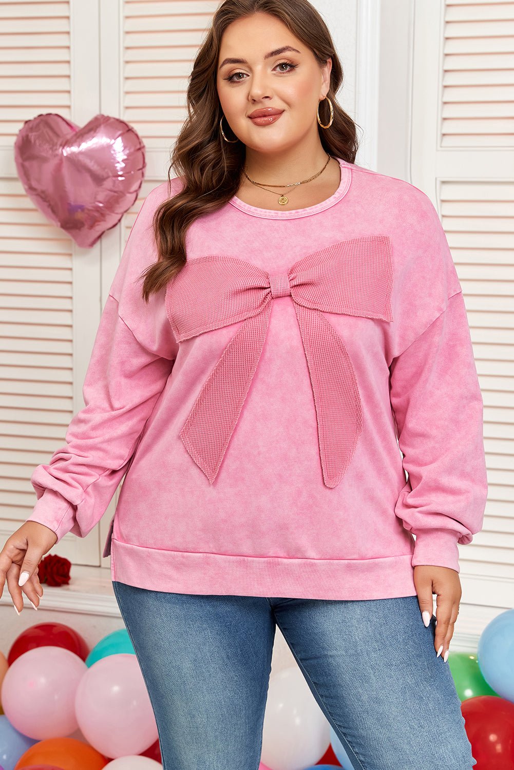 Plus Size Waffle Bowknot Patchwork Mineral Wash Sweatshirt - Rooted & Reckless Co.