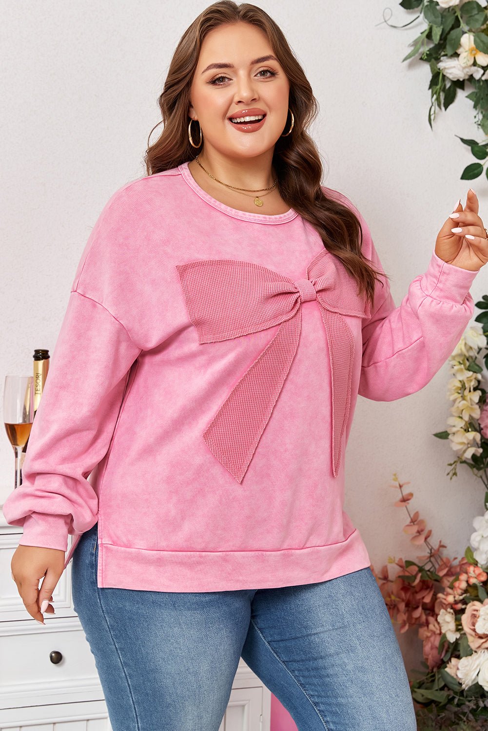 Plus Size Waffle Bowknot Patchwork Mineral Wash Sweatshirt - Rooted & Reckless Co.