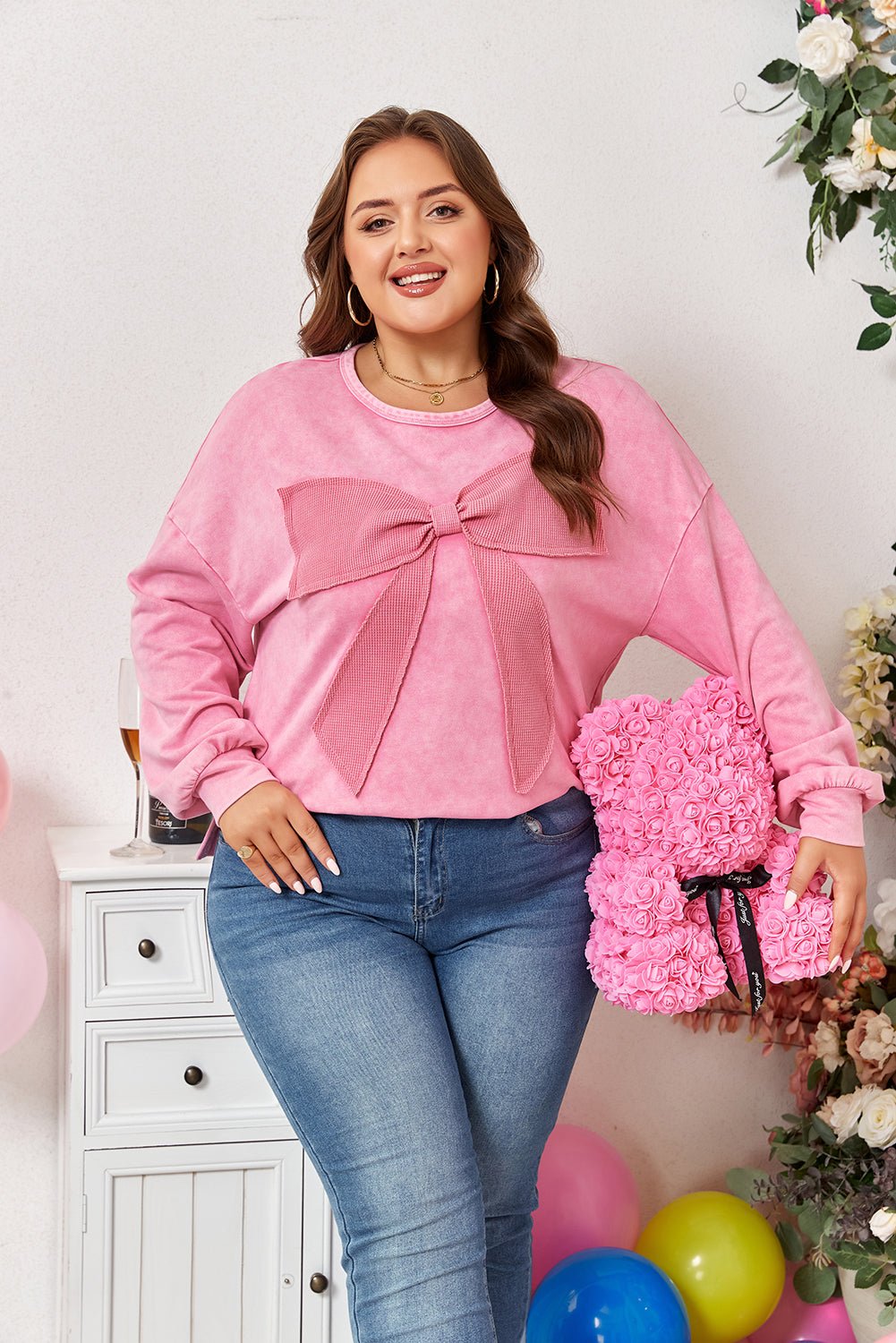 Plus Size Waffle Bowknot Patchwork Mineral Wash Sweatshirt - Rooted & Reckless Co.