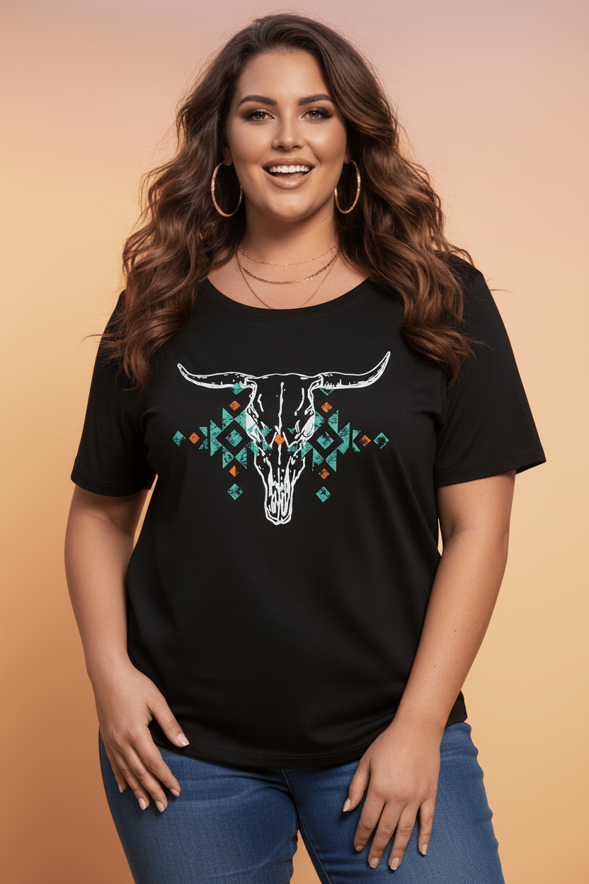 Plus Size Western Aztec Bull Skull T-Shirt - Rooted & Reckless Co.