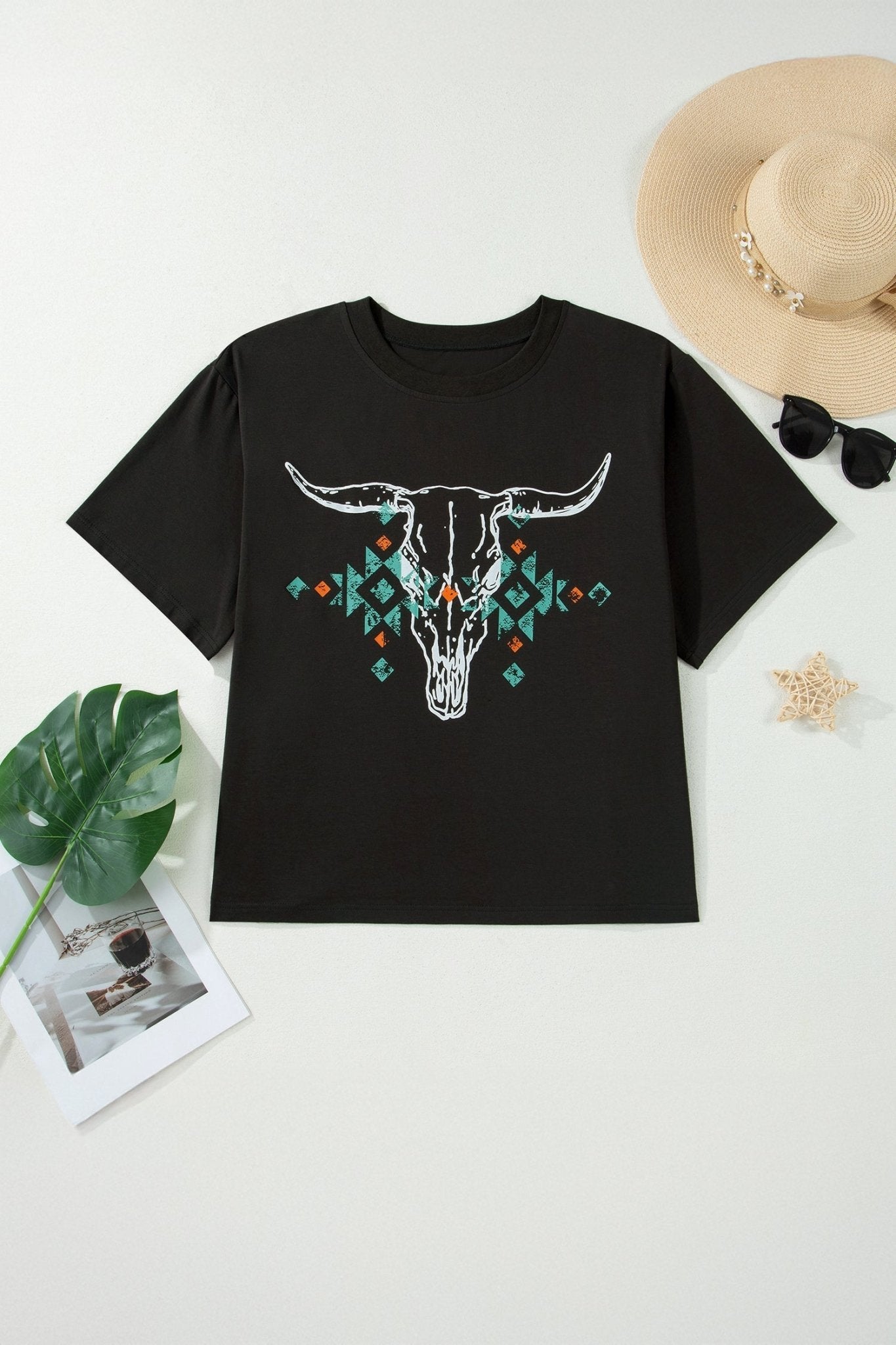 Plus Size Western Aztec Bull Skull T-Shirt - Rooted & Reckless Co.